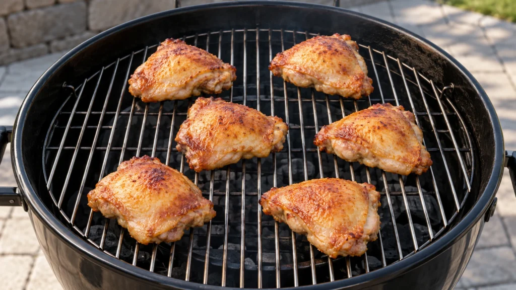 Skin-on chicken thighs spaced apart on an open smoker grate.