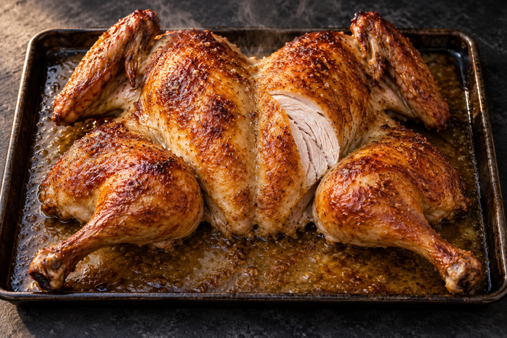 Roasted spatchcock turkey flattened on a rimmed sheet with evenly crisp golden skin.