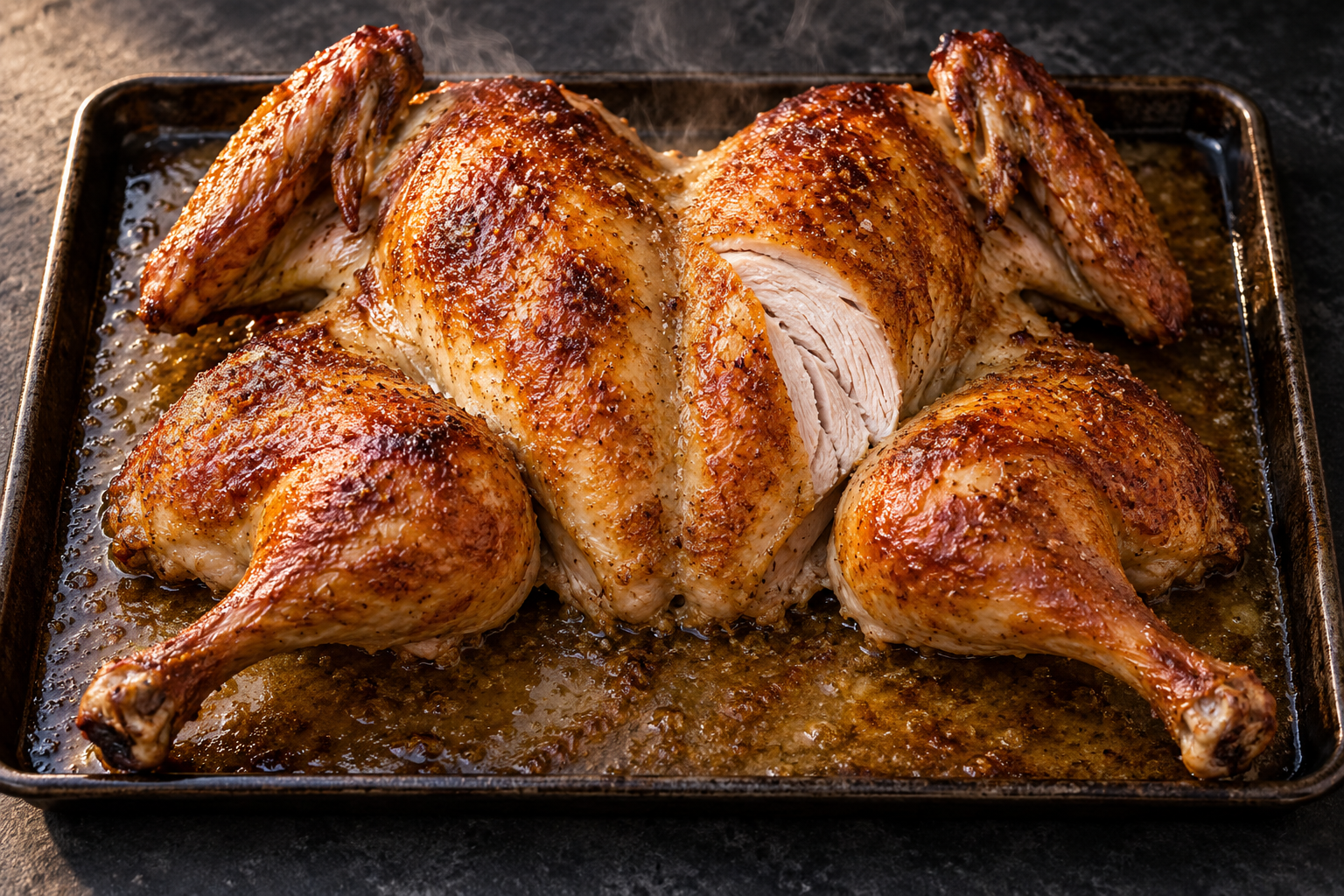 Roasted spatchcock turkey flattened on a rimmed sheet with evenly crisp golden skin.