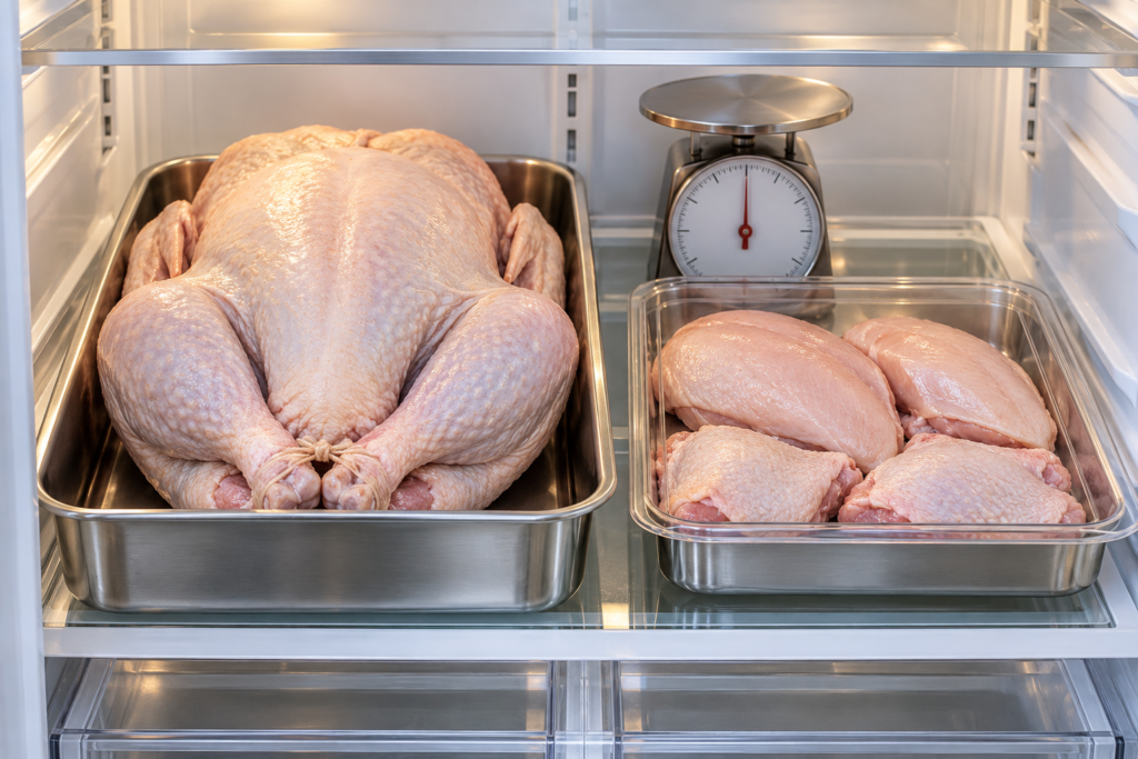 A whole raw turkey and turkey portions thawing safely on rimmed trays in a refrigerator.
