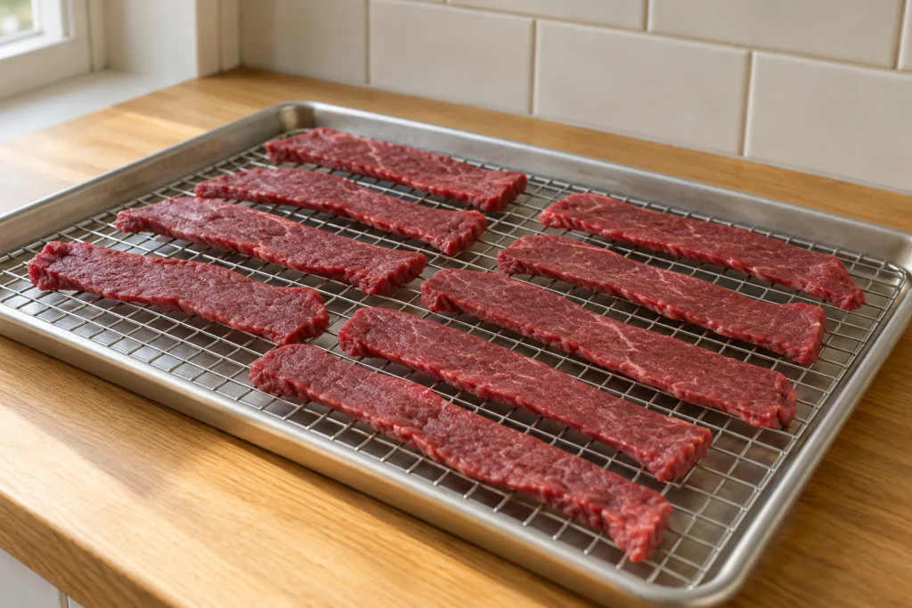 Plain lean beef strips cut to a consistent thickness and arranged in one layer on a wire rack.