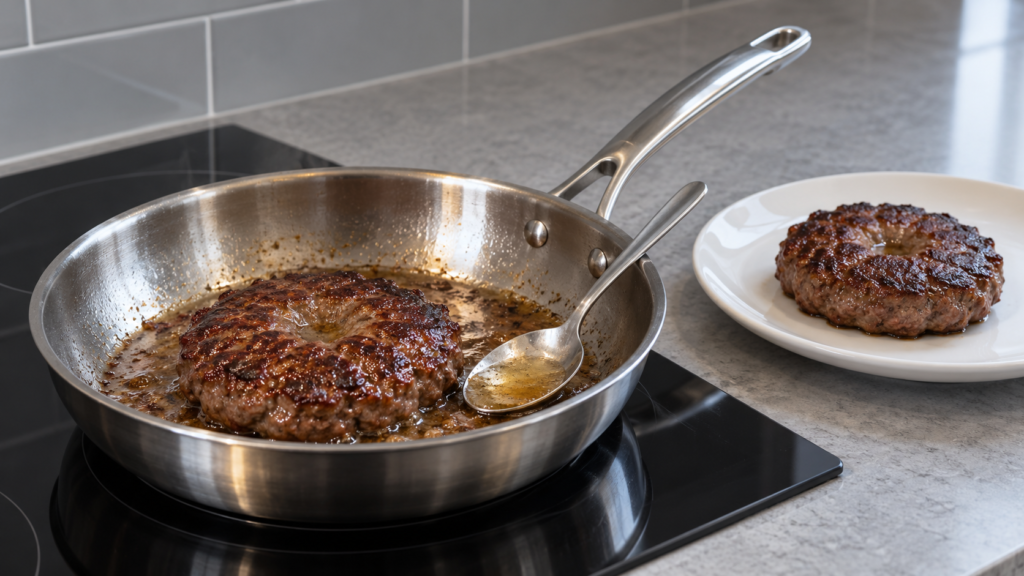 A venison burger patty basted with tallow on a slate counter in a contemporary home kitchen.