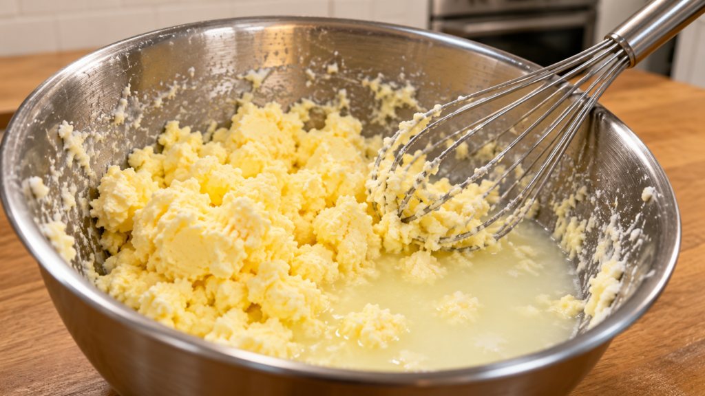 Overwhipped cream has separated into butter and whey in a contemporary home kitchen.