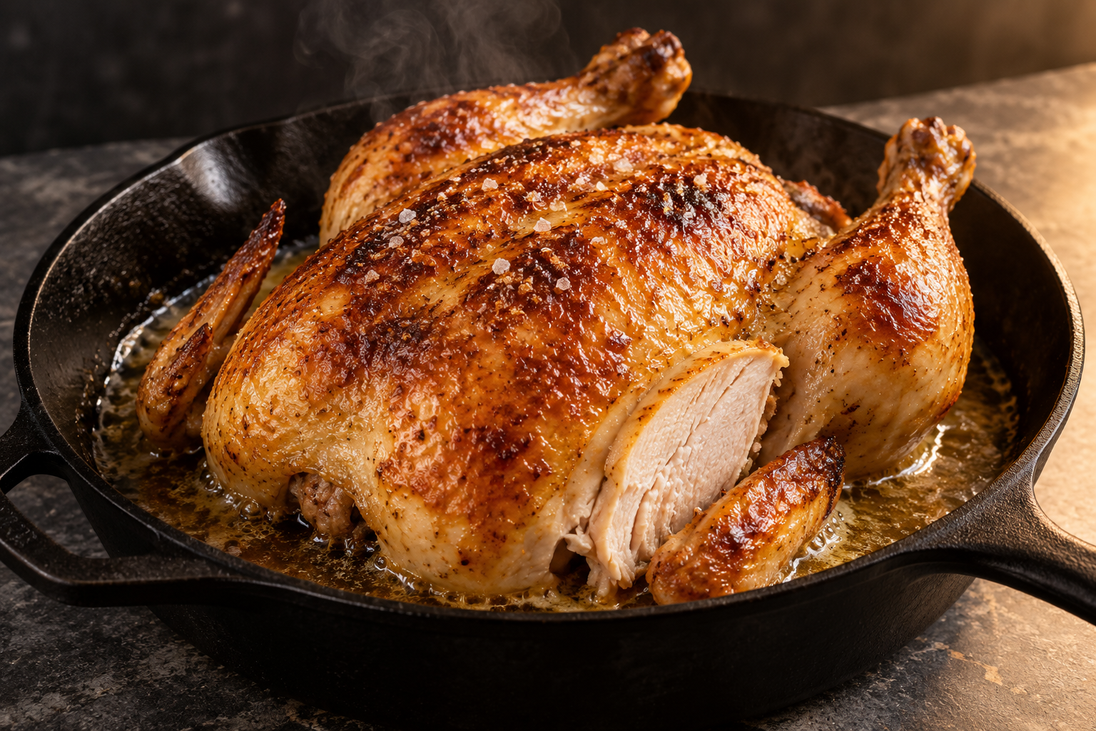Whole roast chicken with deeply golden crisp skin in a cast-iron skillet.
